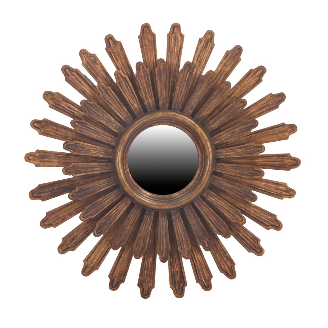 GILTWOOD SUNBURST MIRROR C 1950.: Giltwood sunburst mirror C 1950. Ht: 27.5" Wd: 27.5"