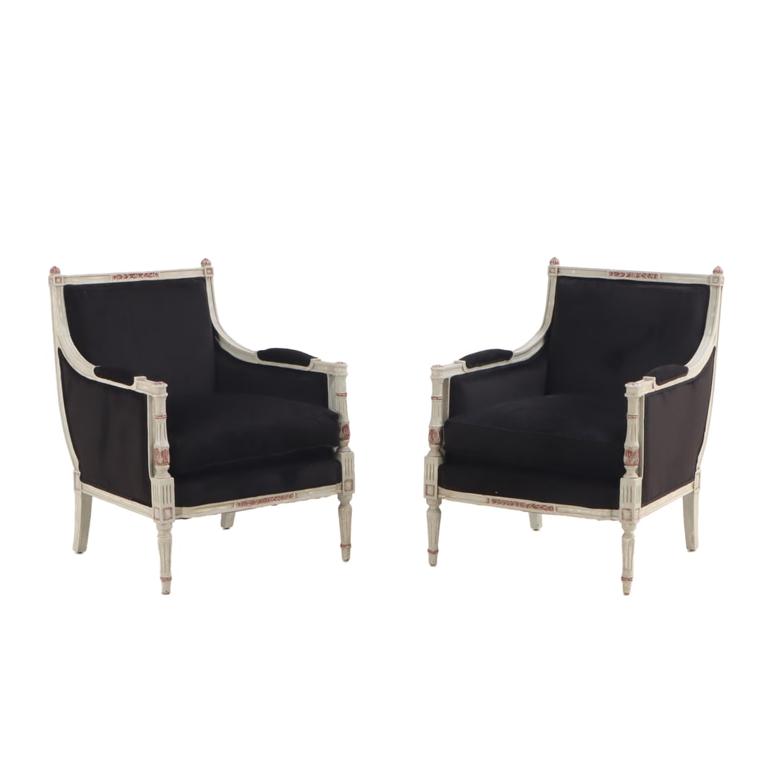 PAIR GREY PAINTED AND GILT LOUIS XVI STYLE BERGERE CHAIRS C 1950 HAVING NEW FABRIC. (1 of 5)