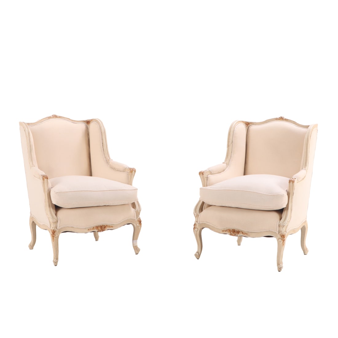 PAIR PAINTED AND GILT LOUIS XV STYLE UPHOLSTERED BERGERE CHAIRS C 1920 HAVING NEW FABRIC. (1 of 5)