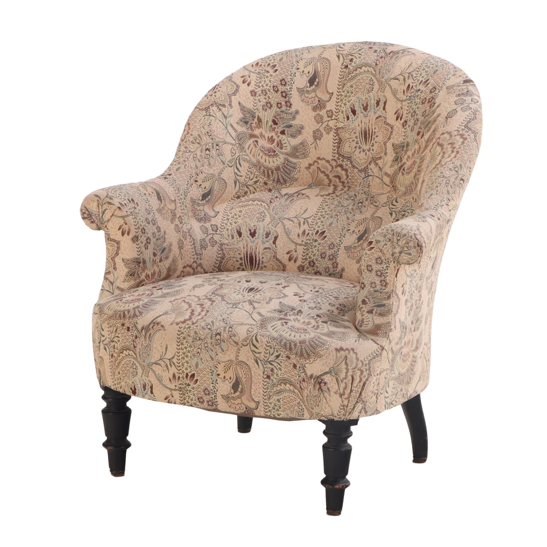 FRENCH NAPOLEON III LOUNGE CHAIR RESTING ON EBONIZED TURNED LEGS C 1850.: French Napoleon III lounge chair resting on ebonized turned legs C 1850. Ht: 31" Wd: 28" Dpth: 23" Seat: 13"