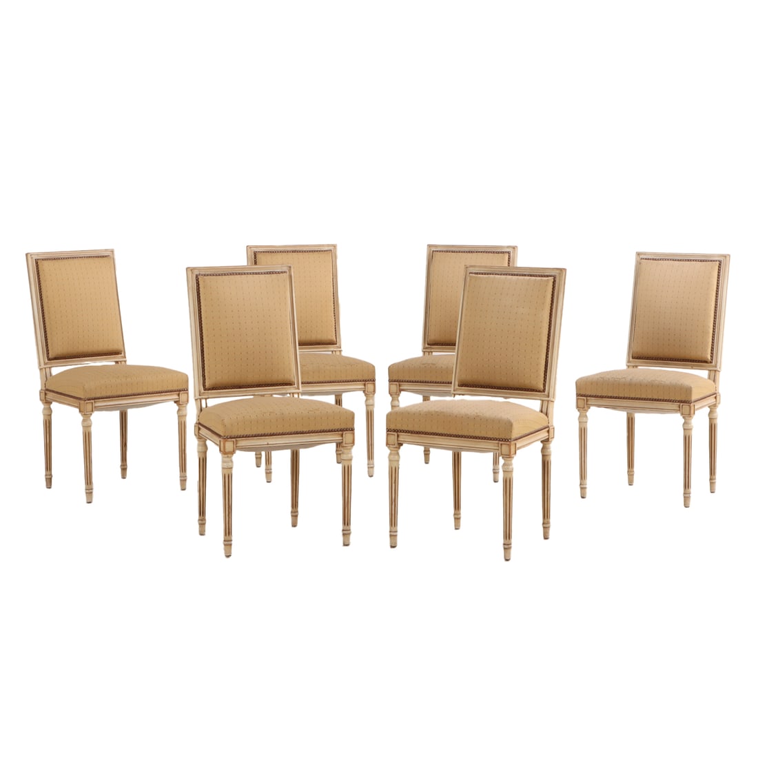 SIX PAINTED FRENCH LOUIS XVI STYLE UPHOLSTERED BACK DINING CHAIRS C 1950. (1 of 5)