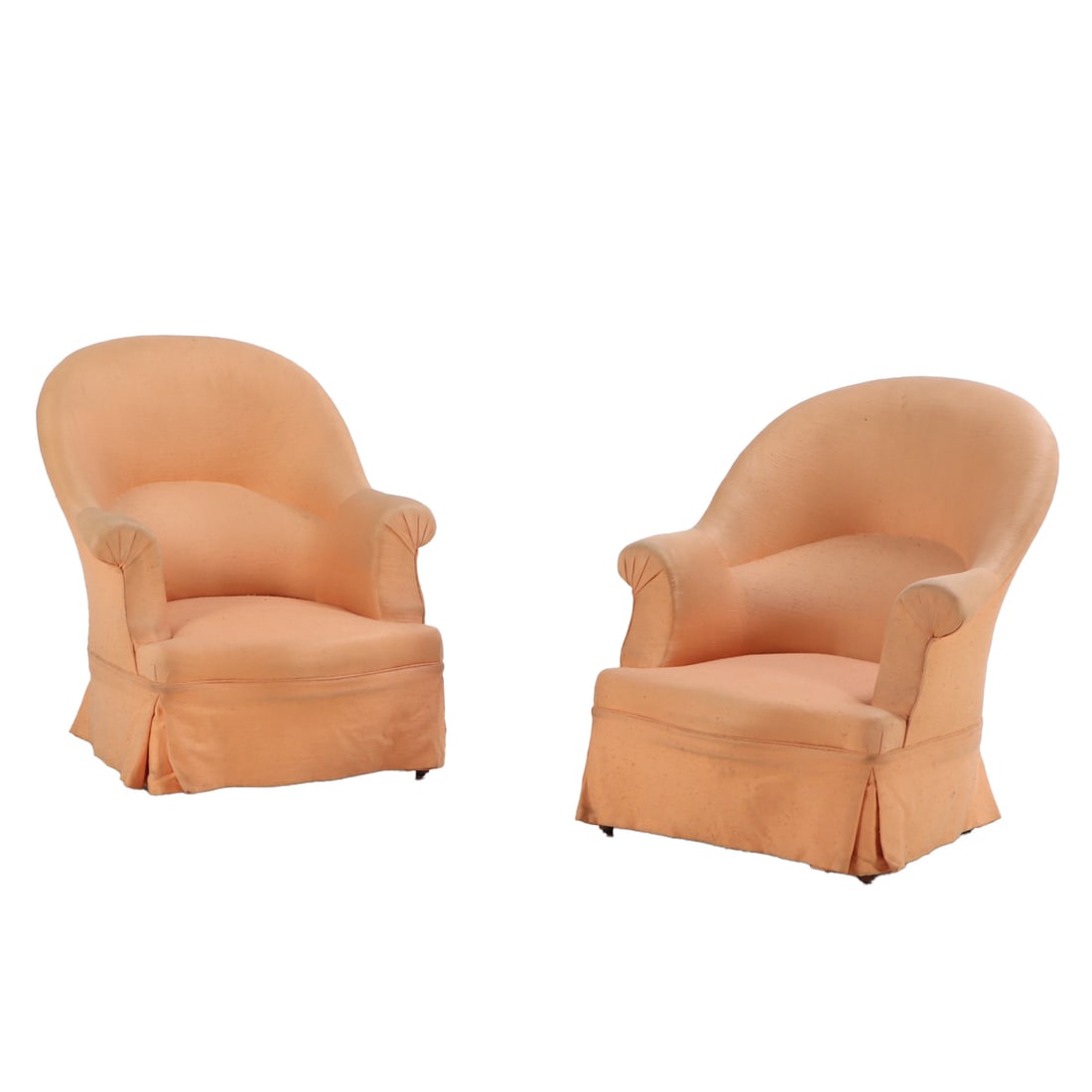 PAIR FRENCH NAPOLEON III STYLE LOUNGE CHAIRS ON TURNED LEGS C 1890: Pair French Napoleon III style lounge chairs on turned legs C 1890 Ht: 32" Wd: 27" Dpth: 27" Seat: 12"