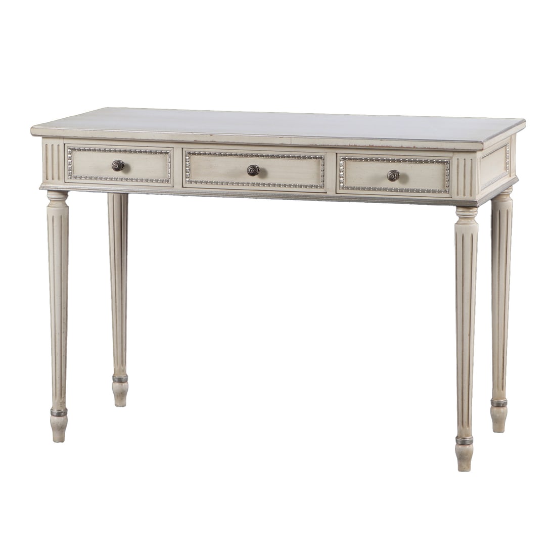 FRENCH PAINTED LOUIS XVI STYLE THREE DRAWER WRITING DESK C 1950.: French painted Louis XVI style three drawer writing desk C 1950. Knee Hole: 24.75" Ht: 31" Wd: 43.25" Dpth: 19.75"