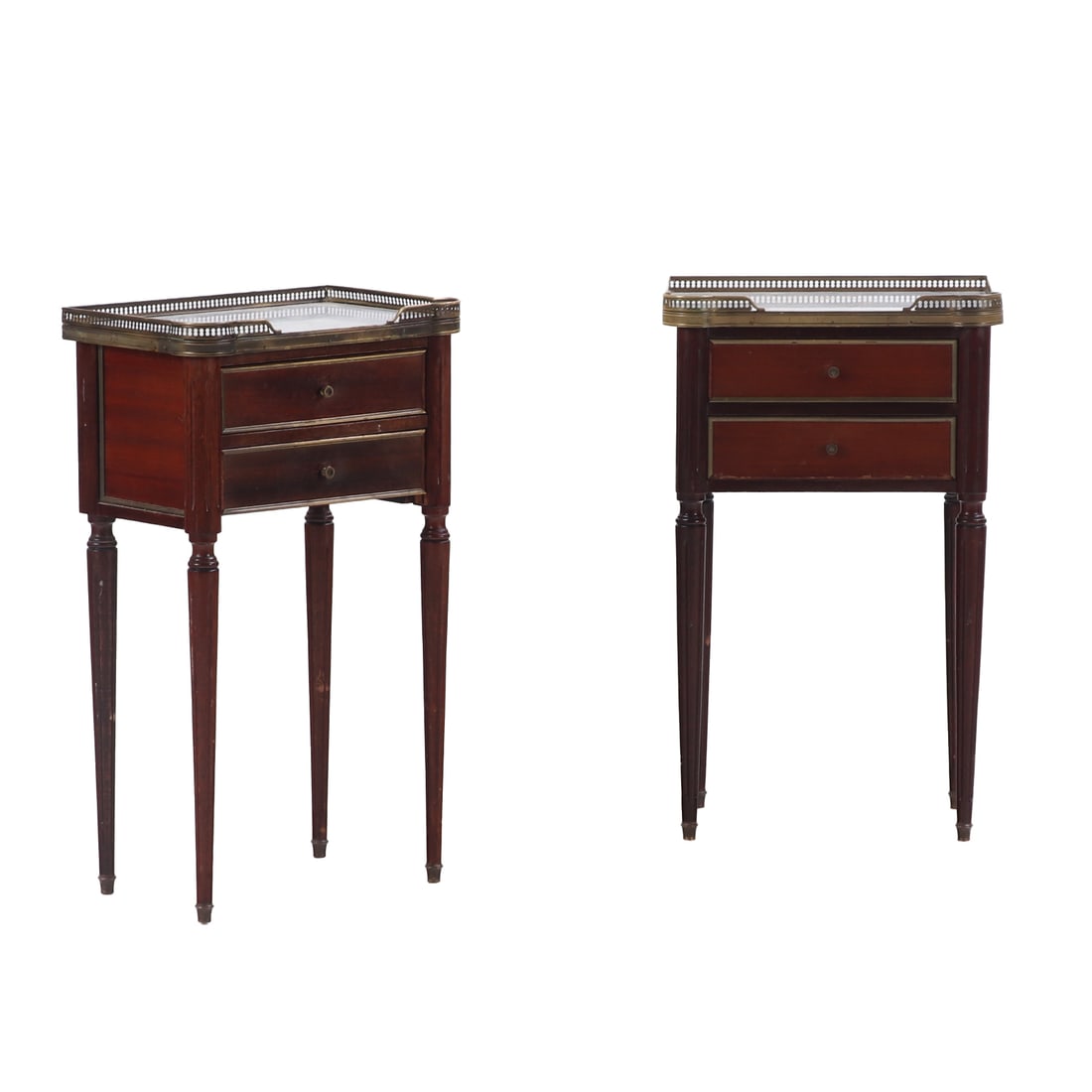 FRENCH MAHOGANY LOUIS XVI STYLE MARBLE TOP NIGHT STANDS WITH BRONZE MOUNTS C 1950.: French mahogany Louis XVI style marble top night stands with bronze mounts C 1950. Ht: 28" Wd: 16.25" Dpth: 10.5"