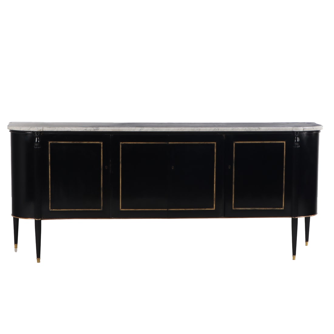 EBONIZED LOUIS XVI STYLE MARBLE TOP SIDEBOARD HAVING BRONZE TRIM C 1940. (1 of 5)
