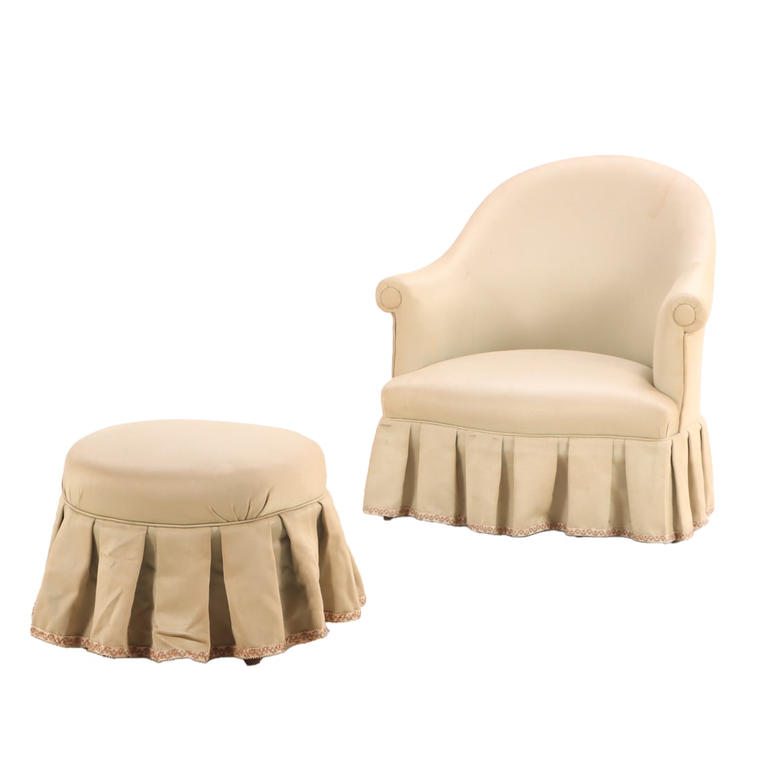FRENCH UPHOLSTERED BOUDOIR CHAIR AND STOOL C 1910.: French upholstered boudoir chair and stool C 1910. Ht: 28.5" Wd: 27.5" Dpth: 25" Seat: 13"