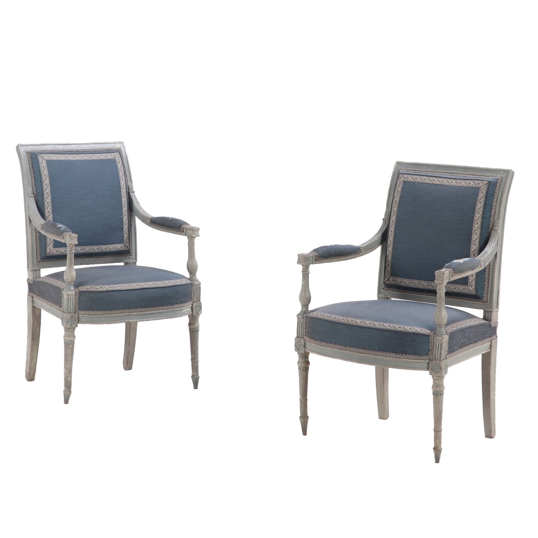 PAIR PAINTED AND CARVED  FRENCH DIRECTOIRE OPEN ARM CHAIRS C 1800. (1 of 4)