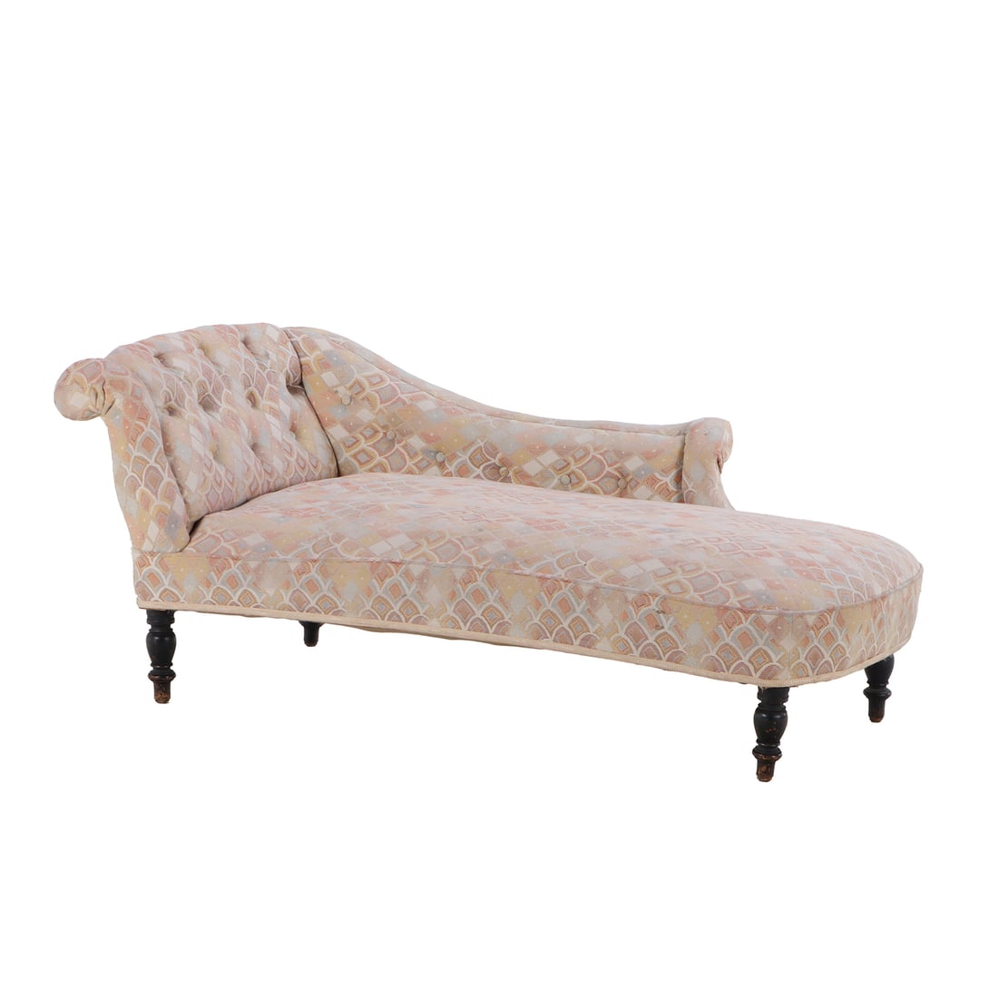 VERY STYLISH FRENCH NAPOLEON III CHAISE LOUNGE RESTING ON TURNED LEGS. (1 of 4)