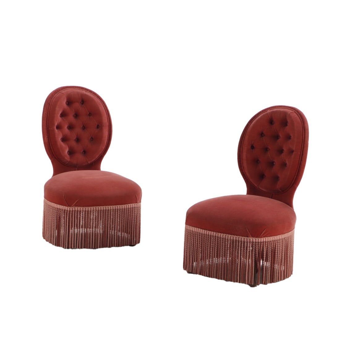 PAIR OF FRENCH BOUDOIR CHAIRS HAVING BUTTON BACK UPHOLSTERY AND FRINGE DECORATION C 1900. (1 of 6)