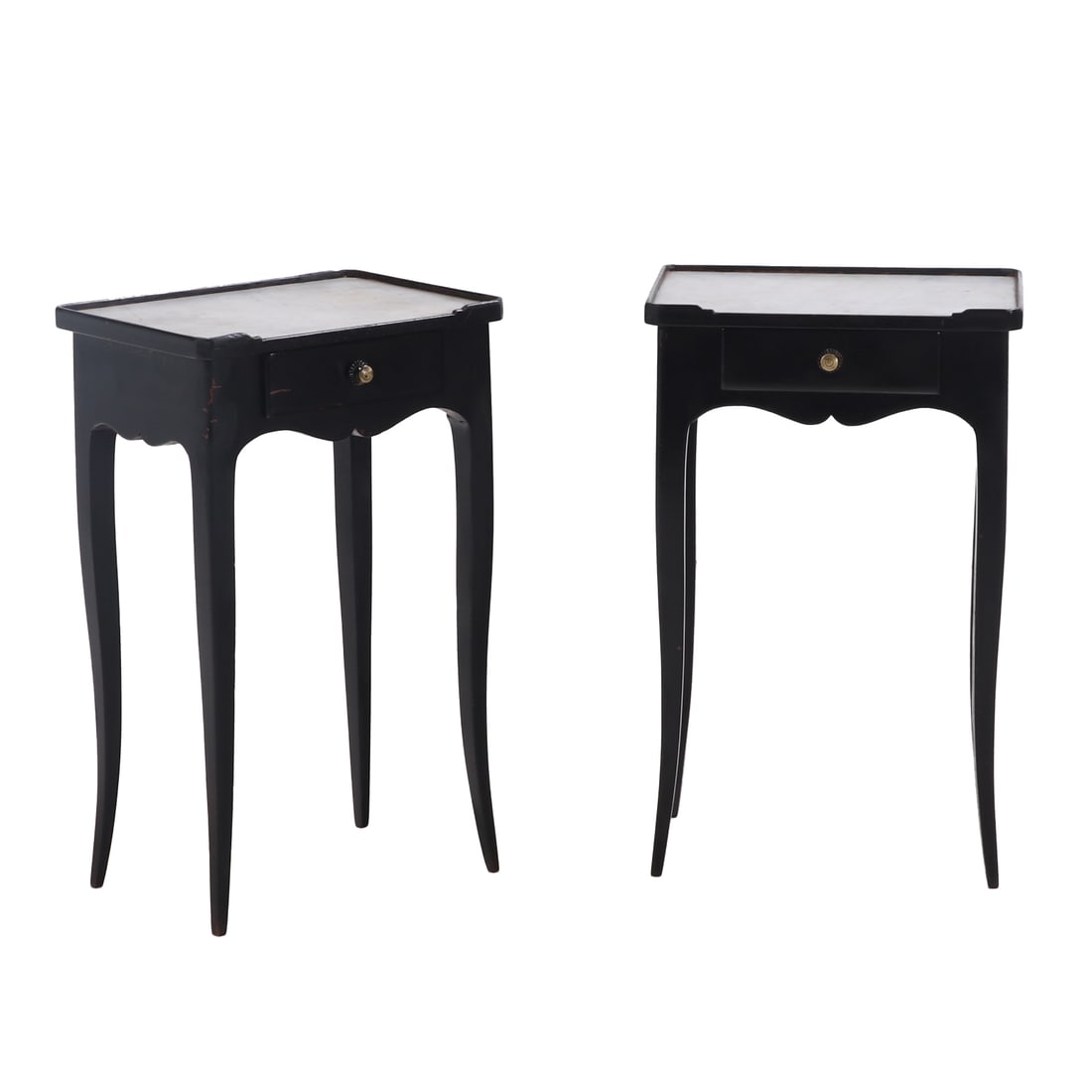 PAIR FRENCH EBONIZED MARBLE TOP STANDS IN THE LOUIS XV STYLE HAVING A SINGLE DRAWER C 1950. (1 of 5)