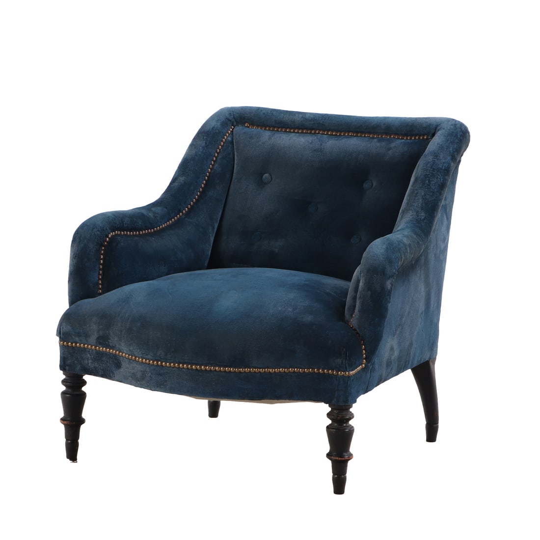 A LOW SLUNG FRENCH NAPOLEON III LOUNGE CHAIR C 1860 HAVING EBONIZED TURNED LEGS.: A low slung French Napoleon III lounge chair C 1860 having ebonized turned legs. Ht: 27" Wd: 28" Dpth: 24" Seat: 13"