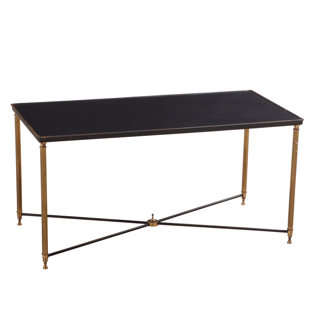 FRENCH BRASS PLATED, GILT IRON AND OPALINE GLASS NEO-CLASSICAL STYLE COFFEE TABLE WITH X FORM (1 of 4)
