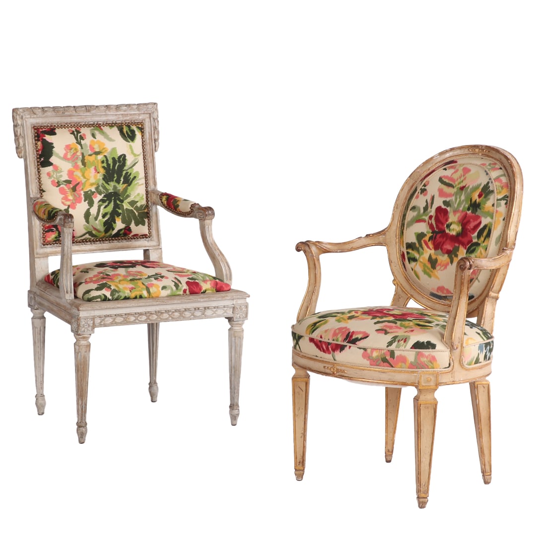 A PAINTED AND CARVED FRENCH LOUIS XV STYLE OPEN ARM CHAIR C 1900 ALONG WITH A PAINTED AND GILT (1 of 5)