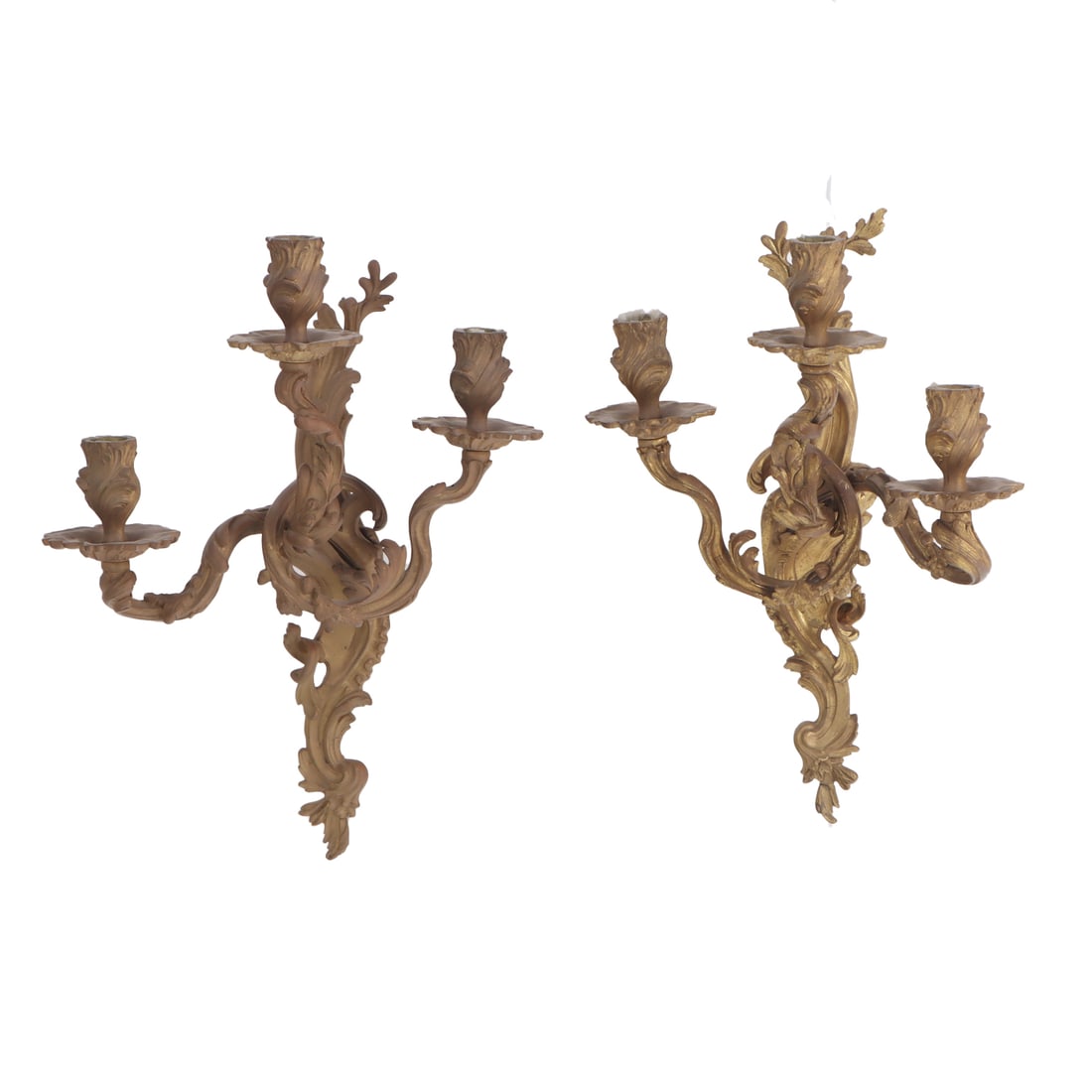 PAIR FRENCH THREE LIGHT BRONZE WALL SCONCES C 1930. (1 of 4)