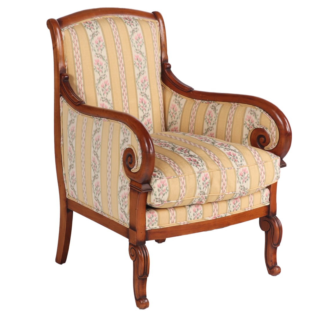 FRENCH EMPIRE STYLE UPHOLSTERED BERGERE CHAIR C 1950. (1 of 4)