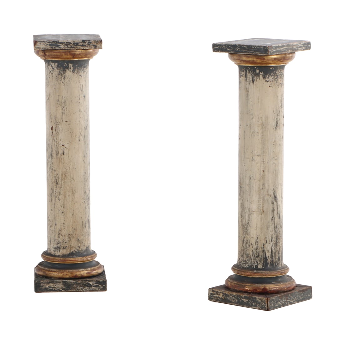 PAIR OF PAINTED AND GILTWOOD PEDESTALS C 1930.: Pair of painted and giltwood pedestals C 1930. Ht: 37.55" Wd: 10.25" Dpth: 10.25" Top is 10" square.
