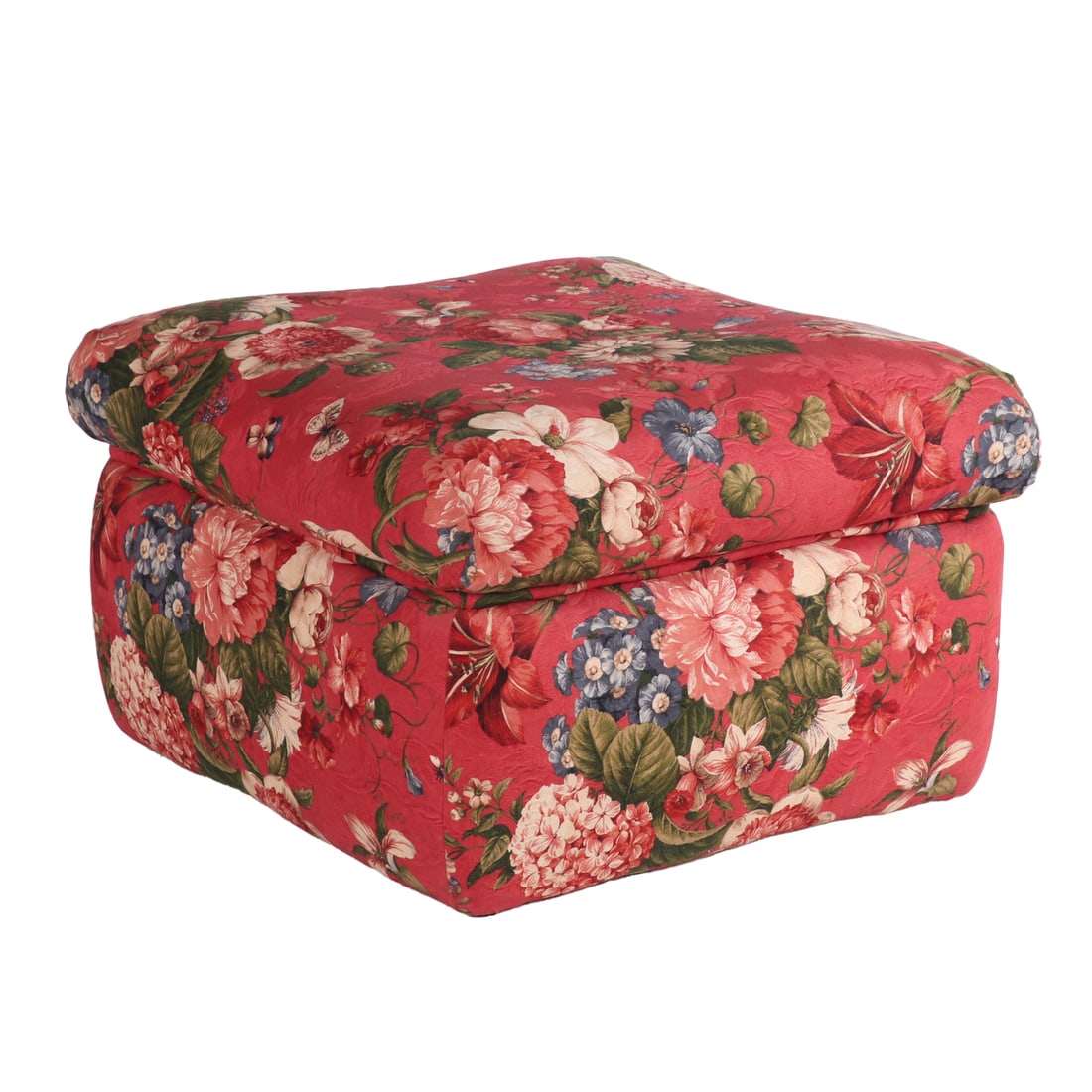 FLORAL UPHOLSTERED OTTOMAN. (1 of 3)
