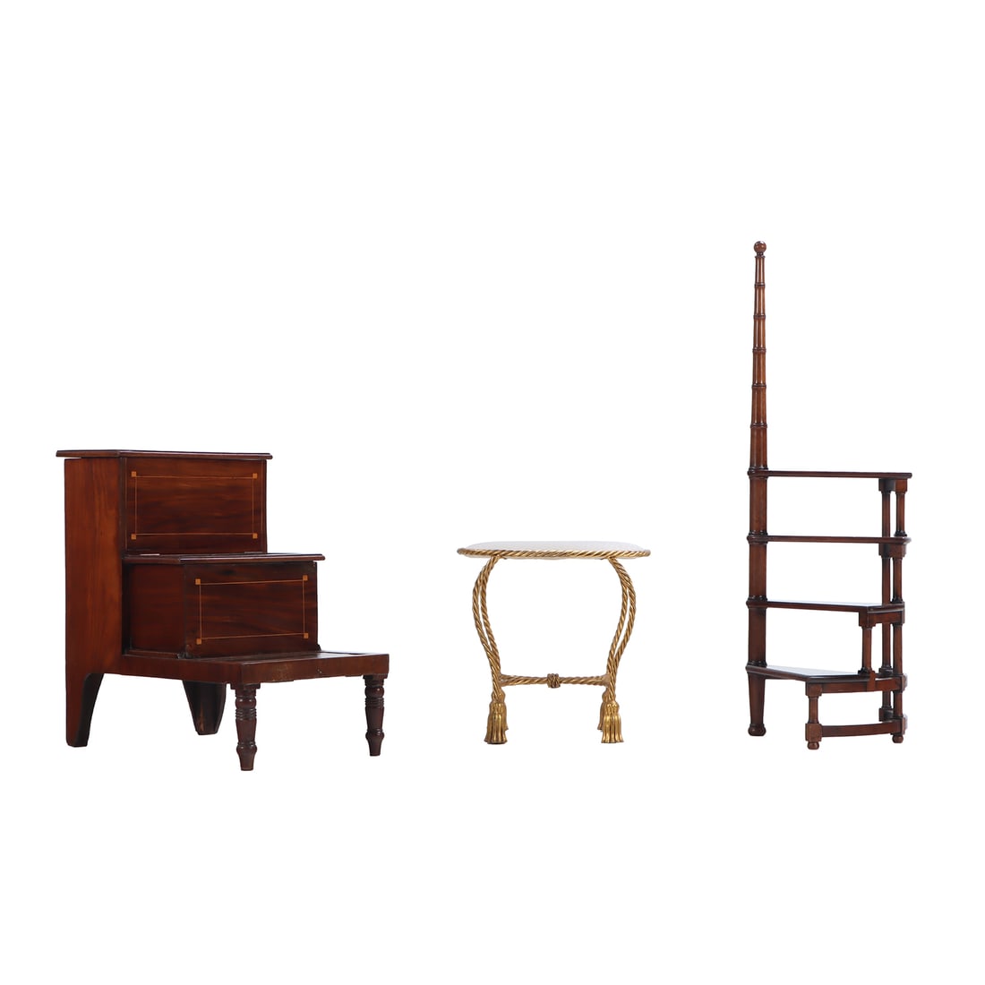 TWO SETS OF MAHOGANY LIBRARY STEPS ALONG WITH AN ITALIAN GILT IRON STOOL WITH TASSELS. (1 of 6)