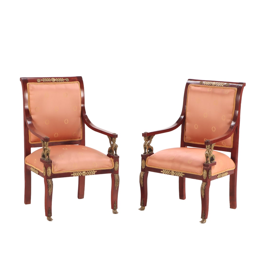 PAIR OF FIGURAL BRONZE MOUNTED OPEN ARMCHAIRS IN THE FRENCH EMPIRE STYLE. (1 of 6)