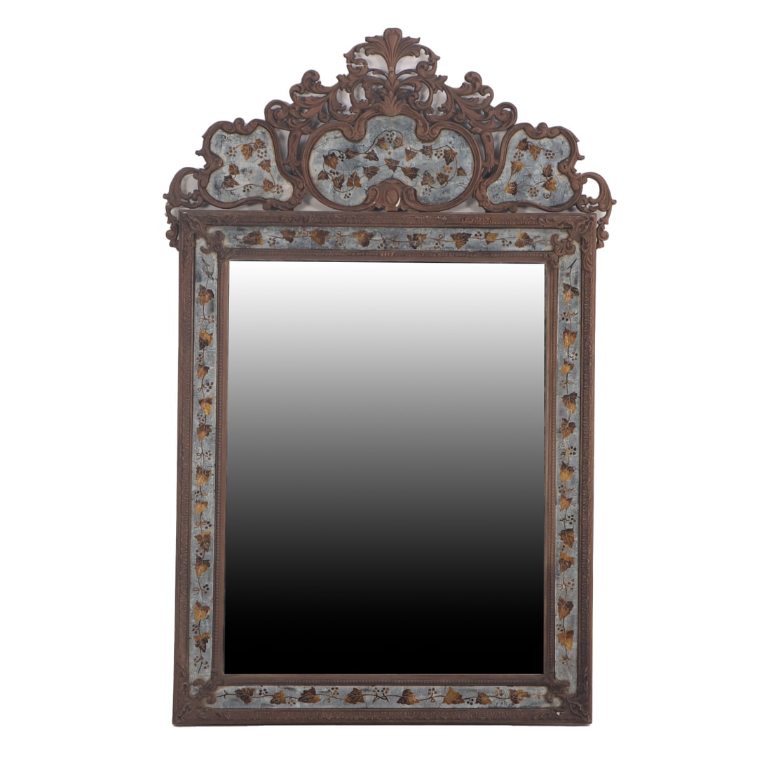 WOOD AND GESSO EGLOMISE DECORATED MIRROR BY JANSEN C 1950. (1 of 4)