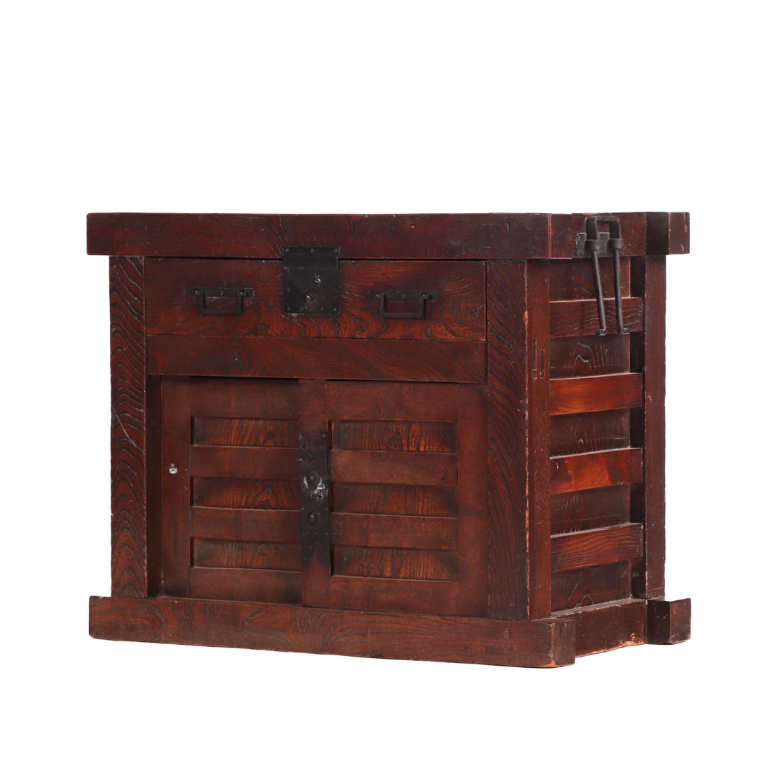JAPANESE HARDWOOD IRON MOUNTED CHEST C 1900. (1 of 4)