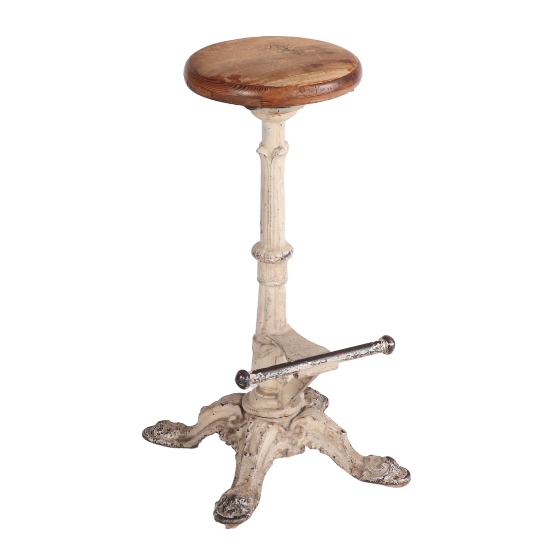 CAST IRON BAR STOOL WITH WOOD SEAT. (1 of 4)