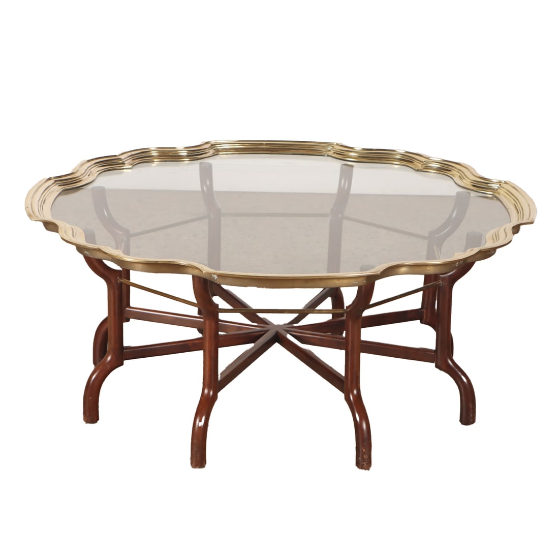 QUALITY WOOD COFFEE TABLE HAVING A BRASS AND GLASS TOP C 1965. (1 of 4)