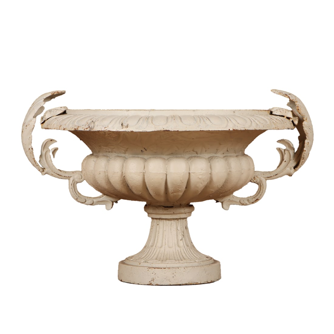 LARGE PAINTED CAST IRON GARDEN URN WITH HANDLES HAVING RIBBED DESIGN.: Large painted cast iron garden urn with handles having ribbed design. Ht: 24" Wd: 36" Dpth: 32"