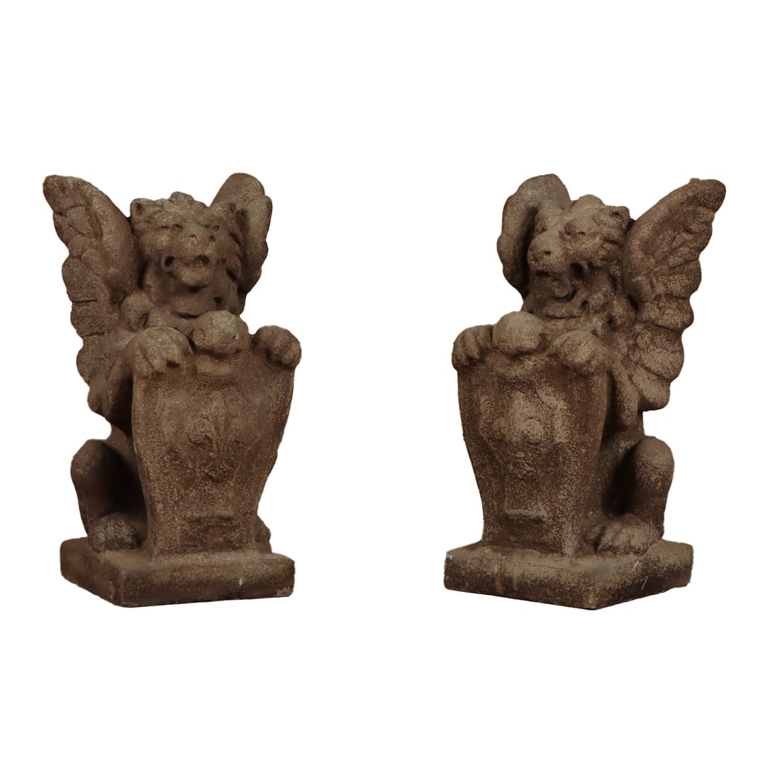A PAIR OF CAST STONE WINGED GRIFFINS HOLDING SHIELDS. (1 of 4)