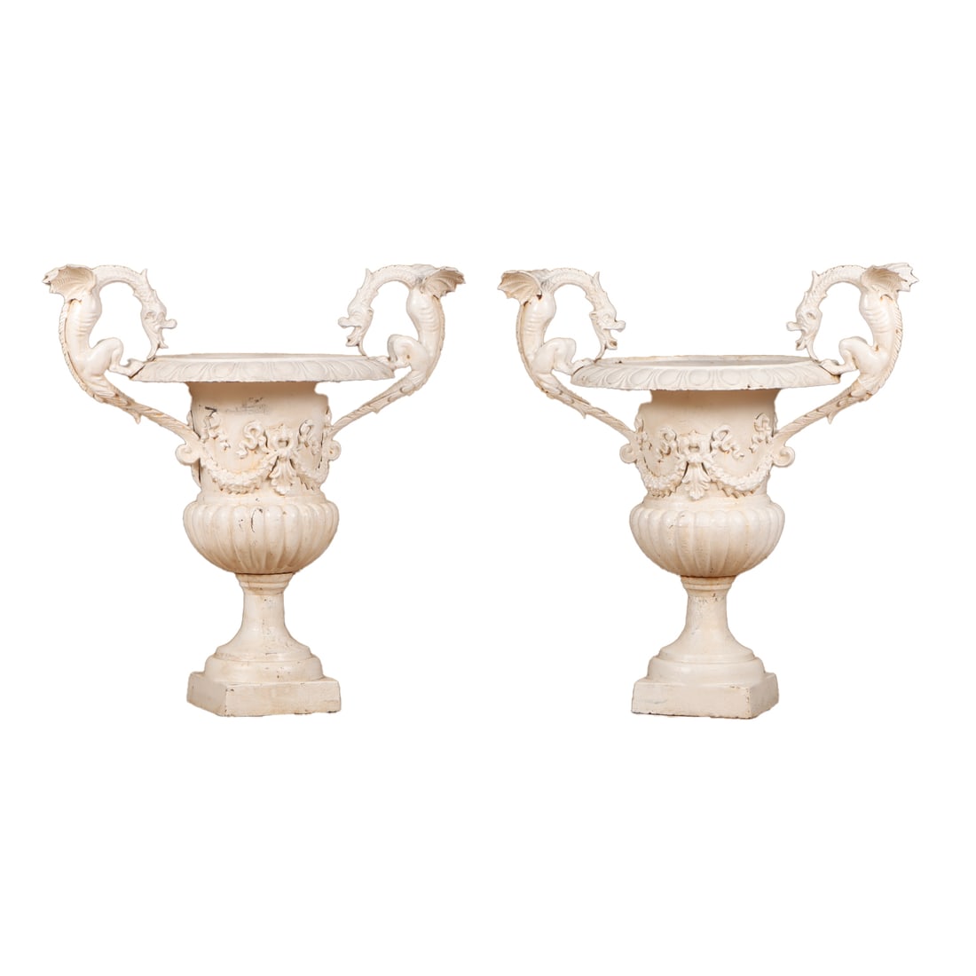 LARGE PAIR OF PAINTED IRON GARDEN URNS WITH SWAGS OF FLOWERS AND WINGED DRAGON HANDLES. (1 of 6)