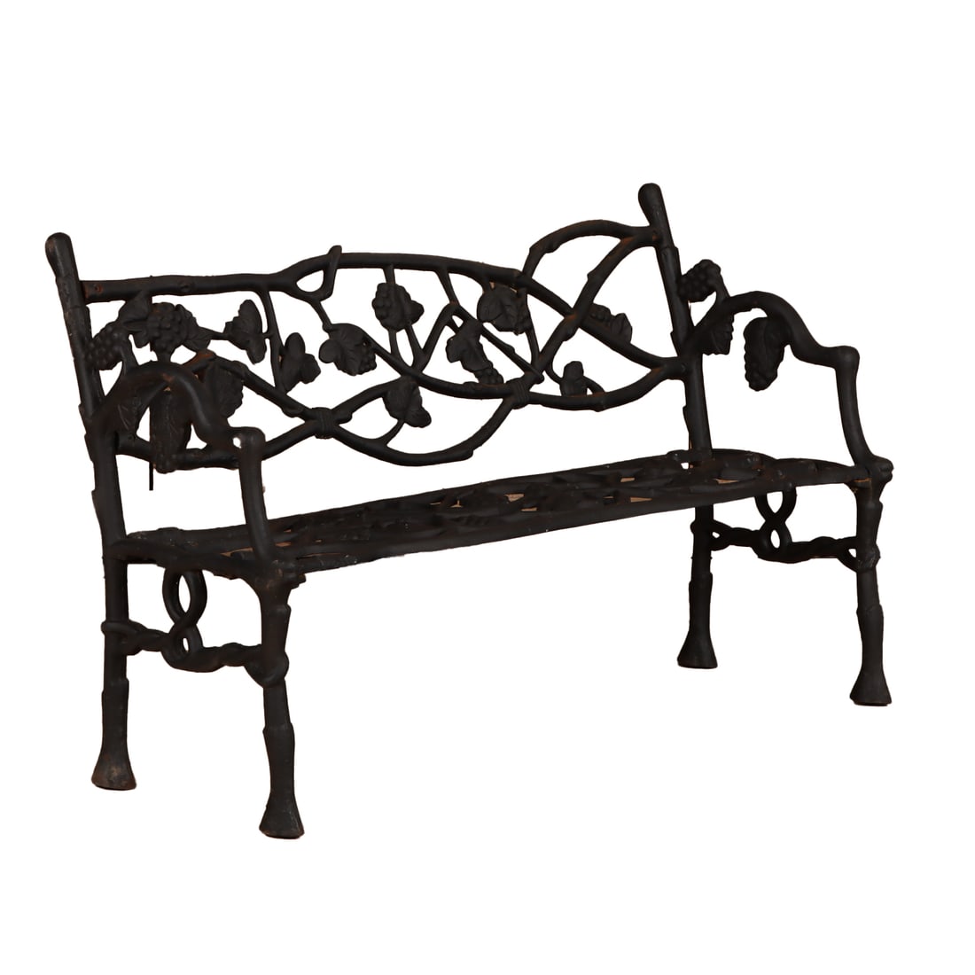 CAST IRON GARDEN BENCH HAVING LEAF AND GRAPE MOTIFS. (1 of 5)