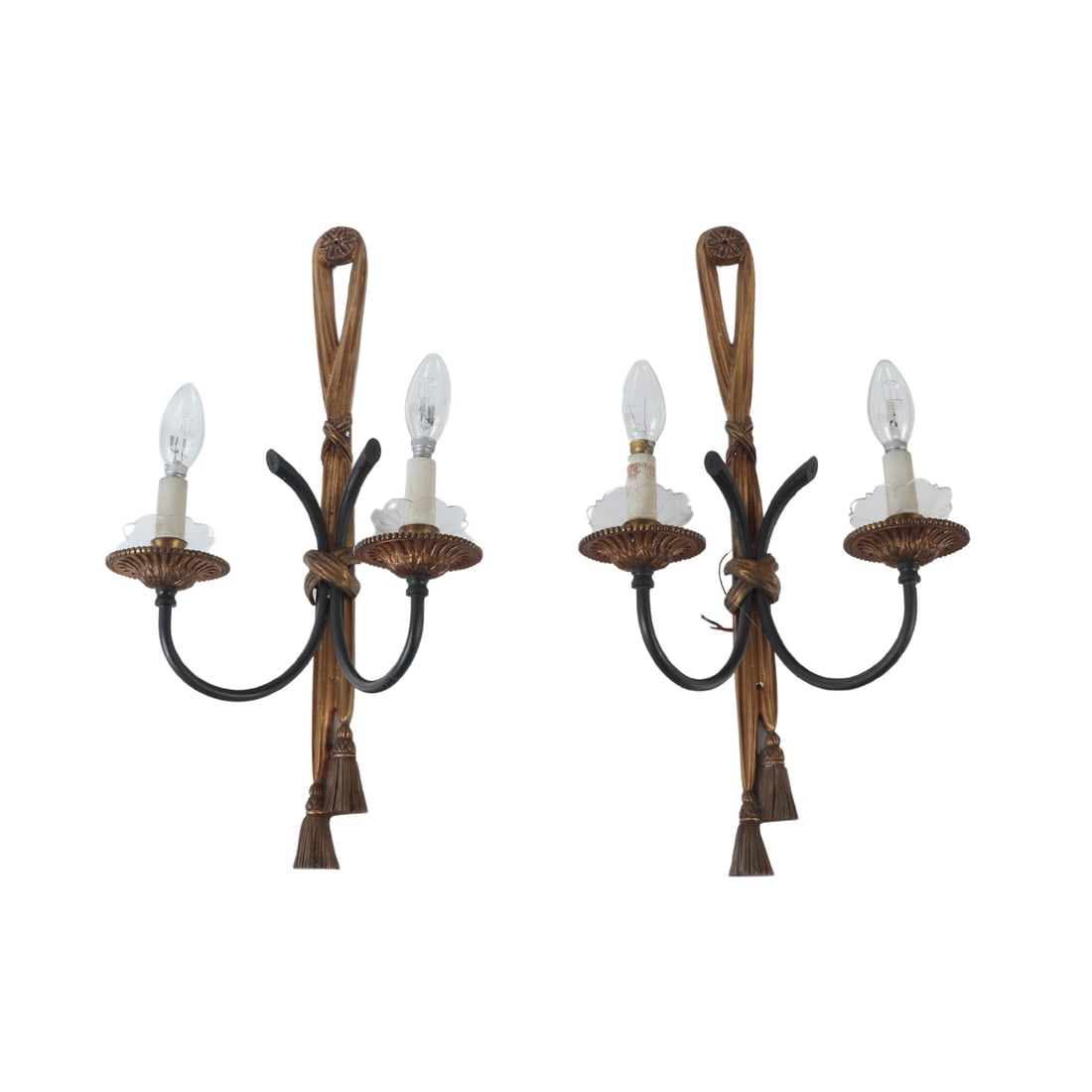 PAIR BRONZE TWO ARM WALL SCONCES WITH RIBBON DESIGN AND BLACK DETAILS C 1940. (1 of 7)