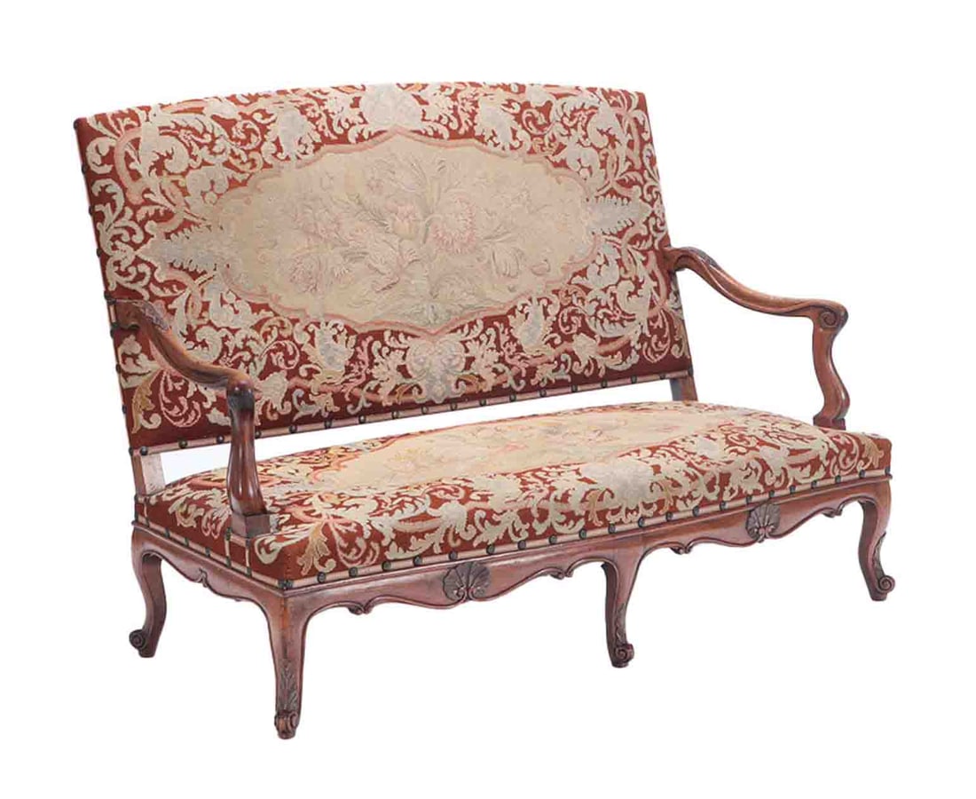FRENCH WALNUT OPEN ARM SOFA COVERED IN TAPESTRY C 1880 (1 of 6)