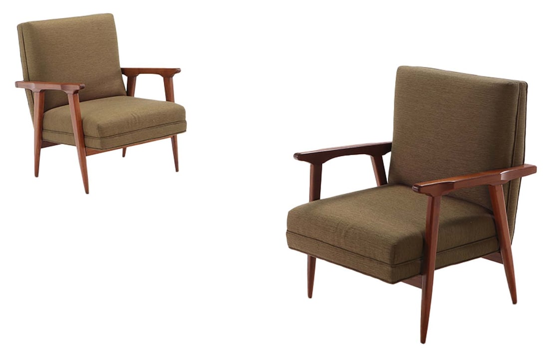 PAIR WALNUT OPEN ARM CHAIRS C 1950 WITH NEW FABRIC. (1 of 8)