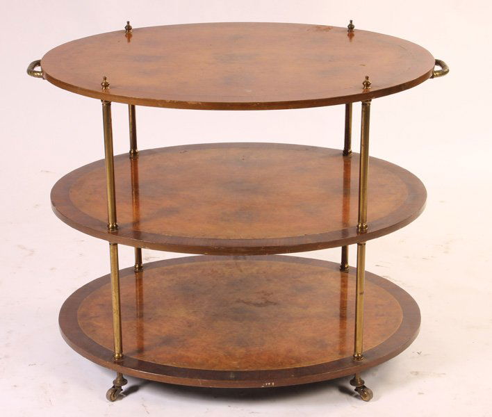 REGENCY STYLE 3 TIER ROSEWOOD WALNUT BRASS CART: Regency style three-tier dessert cart in rosewood, burl walnut and brass, circa 1950. Ht: 31" Width: 38.5" Depth: 27"