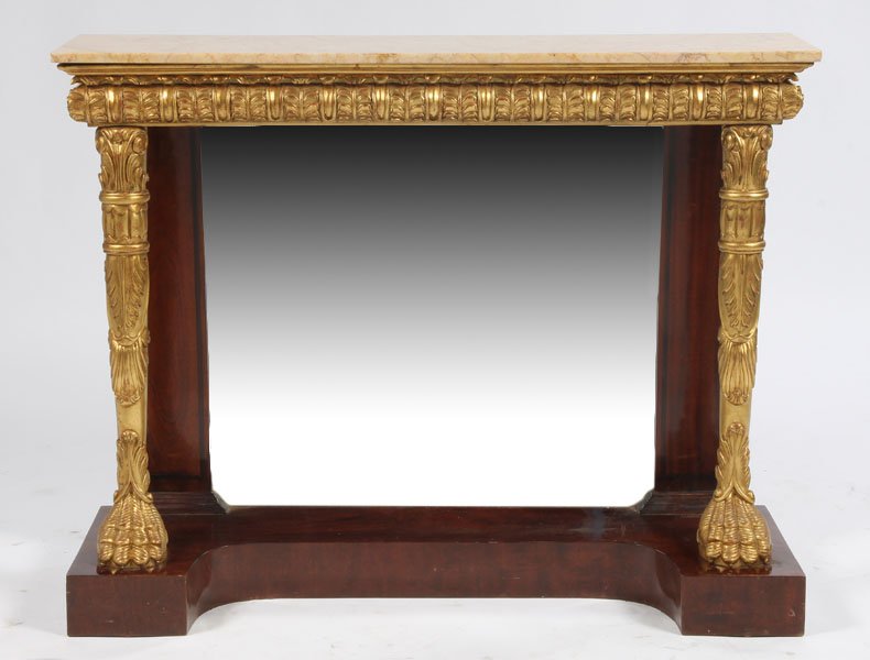ENGLISH REGENCY STYLE MARBLE TOP CONSOLE TABLE: English Regency style console table having marble top over giltwood carved apron supported on gilt carved legs with stylized paw feet. Mirrored back and raised on plinth base. Ht: 38" Width: 48.5" Dep