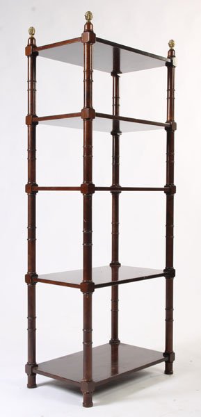 REGENCY STYLE ETEGERE BRASS FINIALS 5 SHELVES: A Regency style etegere having brass finials and five open shelves. Ht: 66.5" Width: 26" Depth: 15.5"