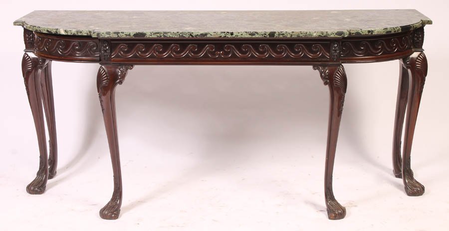 ANTIQUE CHIPPENDALE STYLE SIDEBOARD CONSOLE: An antique Chippendale style mahogany sideboard/console having a shaped green marble top and three drawers circa 1900. Ht: 38" Width: 84" Depth: 26.5"