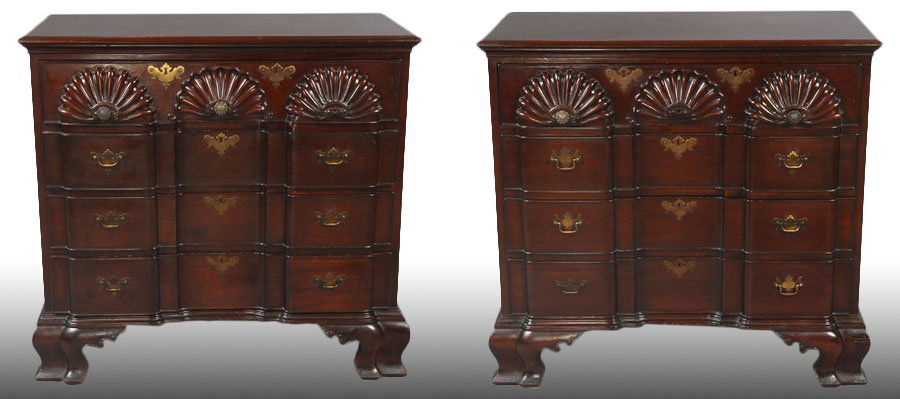 PR KITTENGER STIEHL BLOCK FRONT CHESTS C. 1940: A pair of labeled Stiehl, likely manufactured by Kittenger, block front chests having molded tops over shell carved single upper drawer and three lower drawers. Raised on ogee bracket feet. Circa 1940