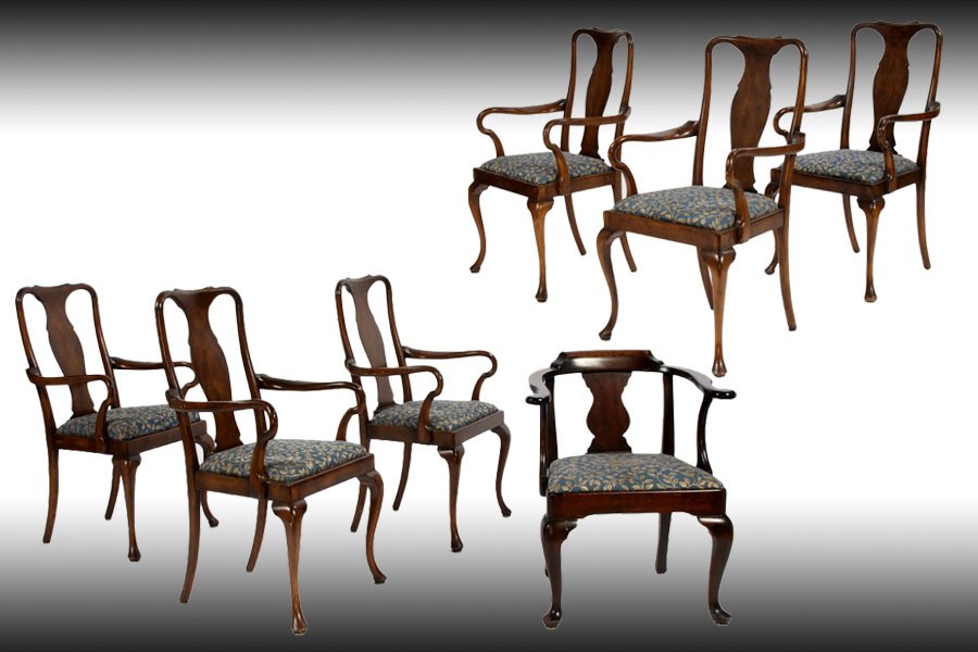 6 LABELED QUEEN ANNE STYLE ARM CHAIRS CAPTAIN: A lot of six labeled "Smith and Watson" Queen Anne style arm chairs, and one captain chair. All with slip seats circa 1960. Ht: 42" Width: 22.5" Depth: 22"