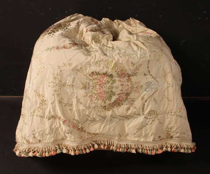 UPHOLSTERED HEADBOARD MATCHING CURTAINS: An upholstered headboard and large group of matching curtains. Ht: 48" Width: 70"