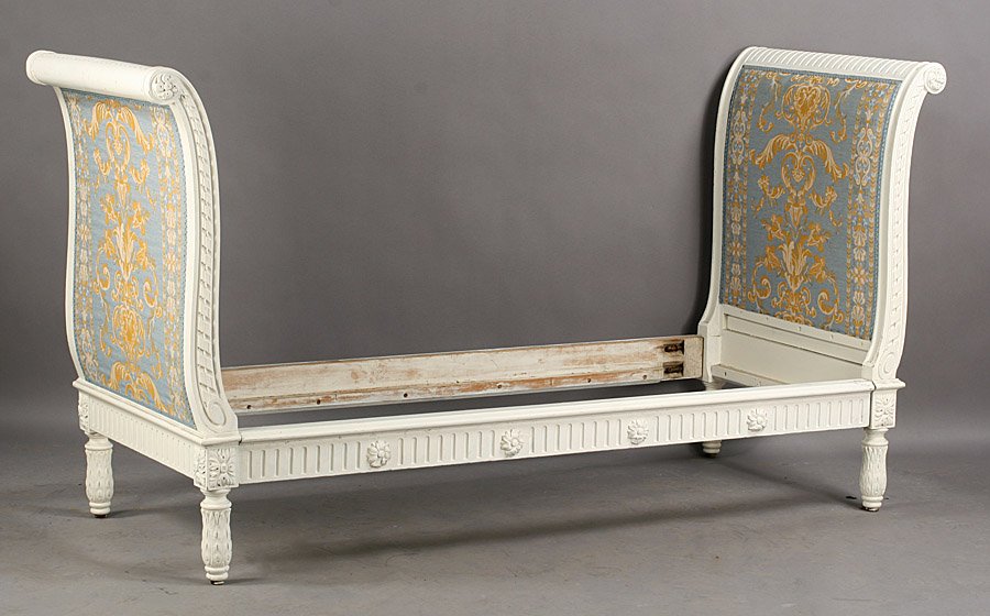 Painted French daybed circa 1940.: Painted French daybed having shaped and carved ends circa 1940. Ht: 47" Width: 87.5" Depth: 31"