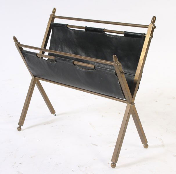 HEAVY BRONZE LEATHER MAGAZINE RACK JACQUE ADNET: A good heavy bronze and leather Jacque Adnet style magazine rack circa 1940. Ht: 19" Width: 20.5" Depth: 12"