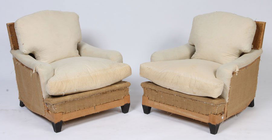 PR LOW SLUNG FRENCH CLUB CHAIRS C.1950: Stylish pair of low slung French club chairs in the manner of Andre Arbus circa 1950. The sycamore frames supporting down-filled cushions. Ht: 31" Width: 30" Depth: 31"