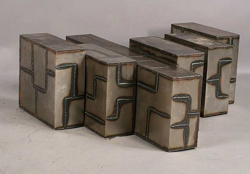 MODERN PAUL EVANS STYLE METAL BLOCK COFFEE TABLE: Modern Paul Evans style metal patchwork coffee table having a stacked block form. No glass top. Ht: 16" Width: 46" Depth: 42"