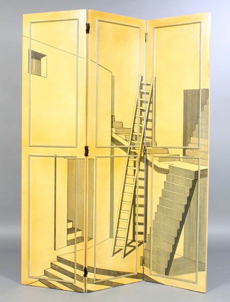 FORNASETTI STYLE 3PANEL PAINTED SCREEN: A Fornasetti style three-paneled painted screen with graphic architectural perspective drawings. Each panel: 17"W. Ht: 67" Width: 51"
