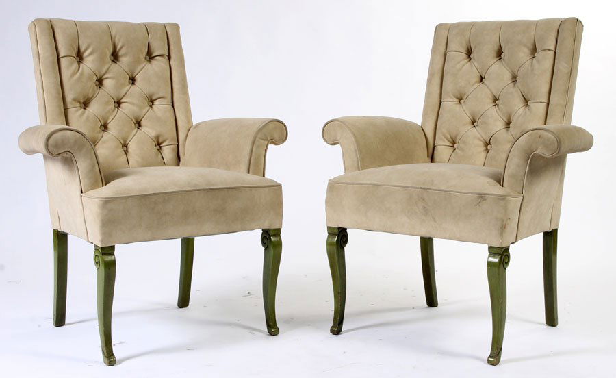 PAIR MODERN UPHOLSTERED CHAIRS ATTR. MASTERCRAFT: A pair of mid century modern upholstered chairs, attributed to Mastercraft with shallow wings and rolled arms circa 1970. Ht: 39" Width: 23" Depth: 20.5"