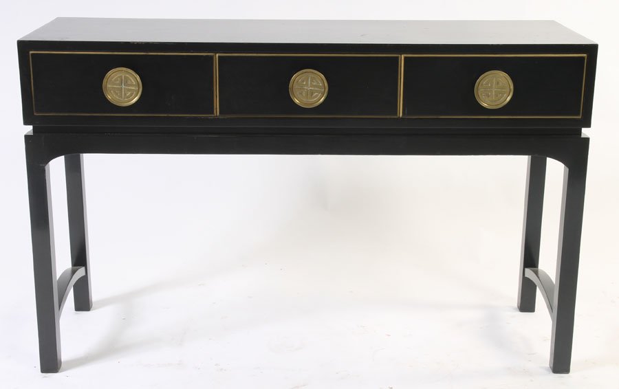 JAMES MONT STYLE EBONIZED CONSOLE TABLE 3 DRAWERS: A James Mont style ebonized console table having three gilt trimmed drawers with Asian inspired pulls supported on straight legs circa 1960. Ht: 29.5" Width: 47" Depth: 16"