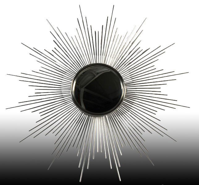 MODERN CHROME SUNBURST CONVEX MIRROR: A modern chrome sunburst with central convex mirror. Ht: 44" Width: 44"