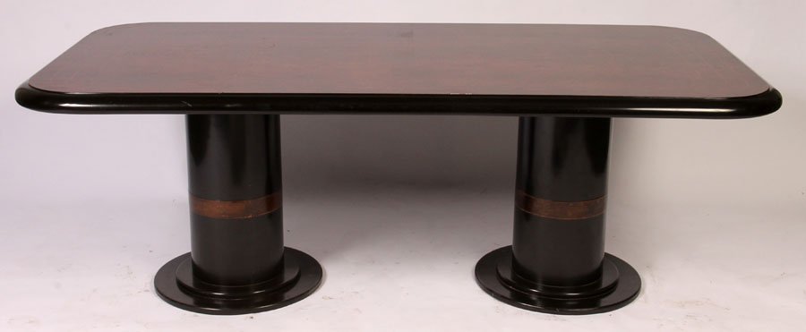 UNUSUAL MODERN BURL WALNUT DINING TABLE: Unusual mid century modern burl walnut double pedestal dining room table with ebonized details. Ht: 30" Width: 42" Depth: 85"